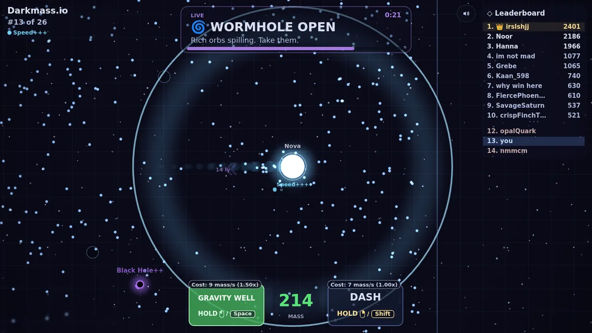 A Star holding the Gravity Well inside a wormhole ring in Darkmass.io, with the ability price line reading 9 mass per second at 1.50 times.