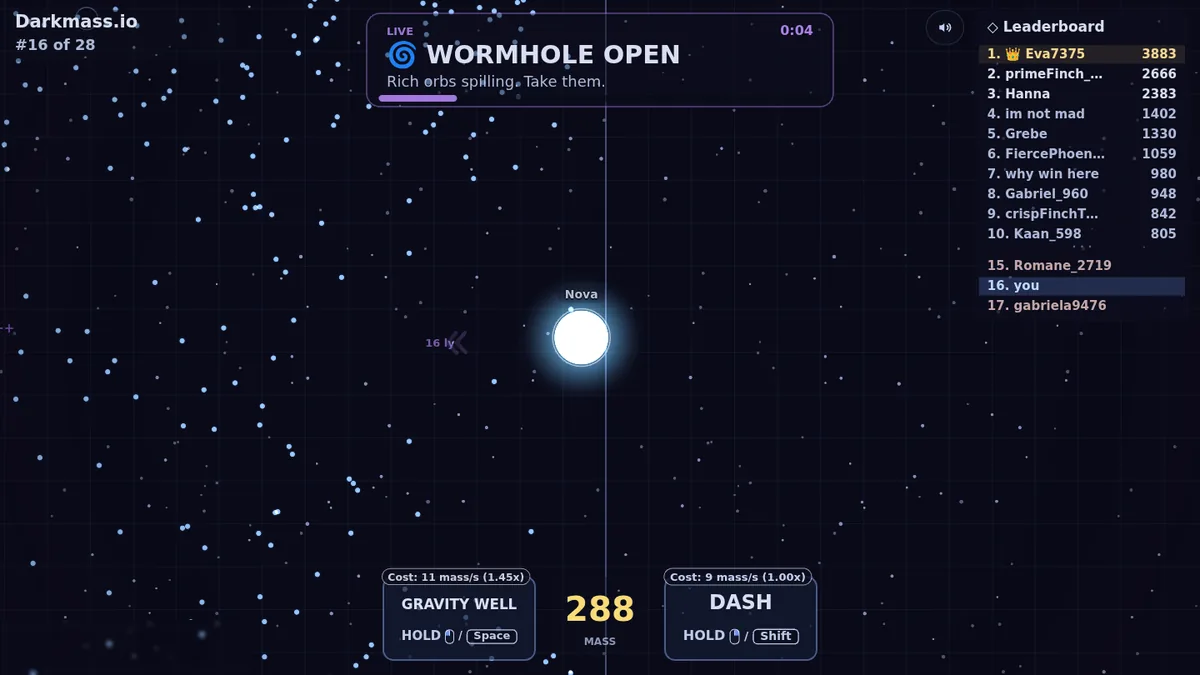 A grown Star in Darkmass.io approaching a wormhole event, with the leaderboard and ability costs visible.